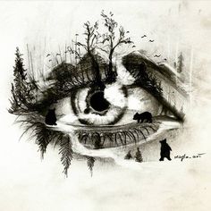 a drawing of an eye with trees and animals in the reflection on it's side