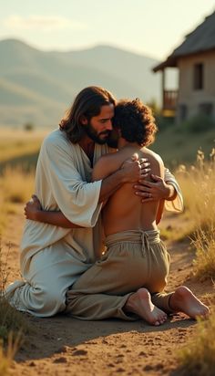 two people sitting on the ground hugging each other in front of a house and mountains