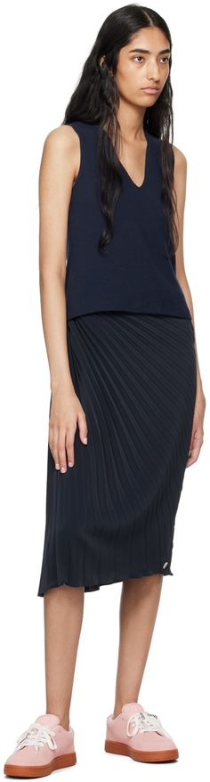 Polyester crepe skirt. Pleats and gathering throughout. · Cutout at waistband · Logo plaque at hem · Concealed zip closure at side seam Supplier color: Blue black Asymmetrical Pleated Waist Skirt, Crepe Skirt, Crepe Skirts, Sun Rays, Pleated Midi Skirt, Blue Black, Midi Skirt, Color Blue, Sun