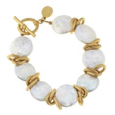 Genuine Freshwater Coin Pearl with Gold Bracelet - Horse Country Trading Company Luxury Statement Pearl Bracelet For Women, Luxury Oyster Bracelet With Oval Links Jewelry, Luxury Brass Bracelets With Oyster Detail, Luxury Timeless Jewelry With Oyster Bracelet, Luxury Statement Pearl Bracelets, Luxury Modernist Jewelry With Oyster Bracelet, Luxury Elegant Oyster Bracelet Jewelry, Luxury Classic Jewelry With Large Beads, Luxury Pearl Bracelet With Oyster Detail