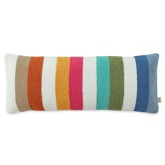 a multicolored striped pillow on a white background