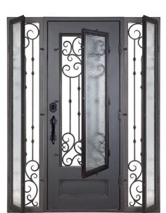 an iron door with glass panels and wrought designs on the side panel, in black