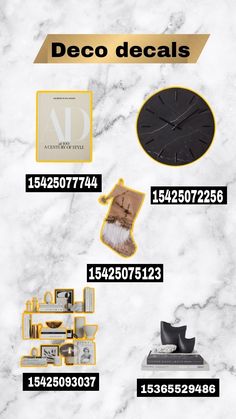 a white marble wall with black and gold accents on it's sides, along with the words deco decals