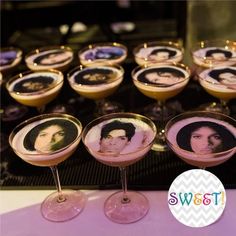 several martinis with pictures of people on them