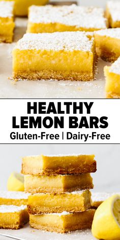 Sliced lemon bars on a counter, some are stacked. Healthy Lemon Bars, Paleo Lemon Bars, Gluten Free Lemon Bars, Lemon Bars Recipe, Paleo Sweets, Lemon Filling, Shortbread Crust, Paleo Treats, Lemon Bars