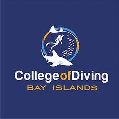 the college of diving bay islands logo is shown on a blue background with an image of a shark