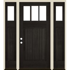 the front door is black and has two sidelights