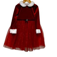 Zunie Red Christmas Santa Faux Fur Tulle Dress Kids Size 5 Details White Faux Fur Collar And Sleeve Cuffs Black Belt With Rhinestone Buckle Tulle Skirt With Glitter Belt Ties In Back Single Button Back Closure At Neck Long Sleeve Dress For Holiday Dress-up, Fitted Holiday Dress For Dress-up In Winter, Holiday Long Sleeve Dress-up Dress, Fitted Holiday Dress For Winter, Fitted Holiday Dress For Dress-up Occasions In Winter, Long Sleeve Dresses For Holiday Dress-up, Red Fall Dress For Dress-up, Red Long Sleeve Holiday Dress For Christmas, Red Dress For Fall Dress-up