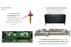 an info sheet describing the details and features of a modern living room furniture set up