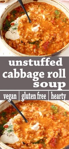 two images showing how to make unstufffed cabbage roll soup with vegan gluten free hearty