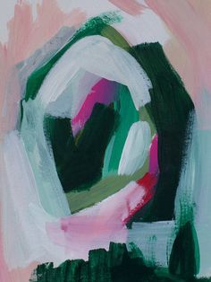 an abstract painting with green, pink and white colors