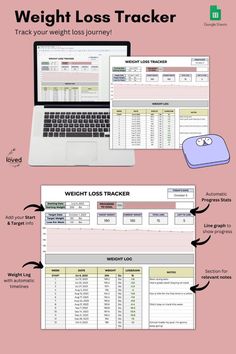 This Weight Loss Tracker spreadsheet template is the perfect tool to help you achieve your weight loss goals. With space to input your starting weight, goal weight, and weekly progress, you can easily track your progress over time. You can even add notes or observations to help you identify patterns and strategies that work best for you. With this template, you'll have all the information you need to stay motivated and on track towards your weight loss goals. Weight Log, Excel Hacks, Stationery Obsession, Bullet Journal Ideas Templates, Google Spreadsheet, Home Binder, Effective Study Tips, Life Management, Notes Inspiration