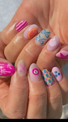 Fun And Colorful Nails, Lisi Shops Nails, Different Nails On Each Finger, Copenhagen Style Nails, Surfboard Nails, Bright Nails Designs, Cool Design Nails, Multi Design Nails, Summer Nail 2024