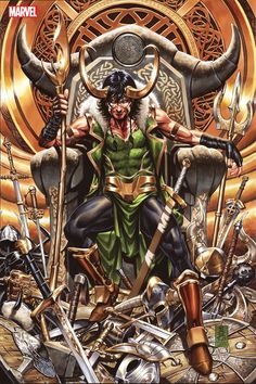 a man sitting on top of a throne surrounded by swords and other things in front of him