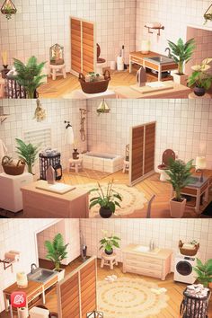 three different views of a living room with furniture and plants on the floor in it