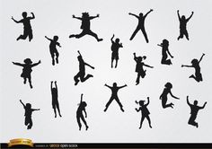 silhouettes of people jumping and dancing in the air with their hands up to their sides