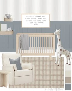 a baby's nursery room with a giraffe and chair