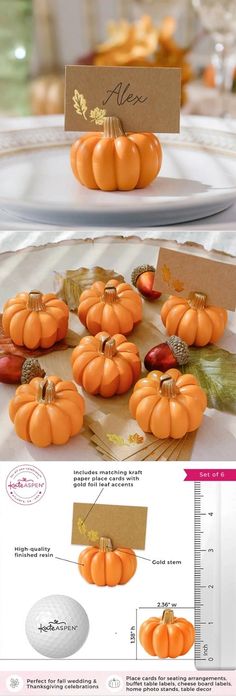 a table with some pumpkins and place cards on it