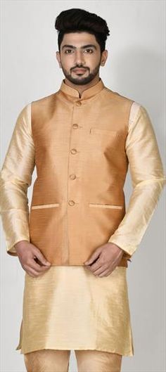 Beige and Brown color Nehru Jacket in Dupion Silk fabric with Thread work Luxury Brocade Nehru Jacket For Designer Wear, Luxury Elegant Cotton Nehru Jacket, Luxury Semi-stitched Nehru Jacket For Formal Occasions, Luxury Elegant Nehru Jacket With Button Closure, Luxury Spring Nehru Jacket For Formal Occasions, Luxury Gold Nehru Jacket For Ceremonial Occasions, Luxury Designer Yellow Nehru Jacket, Luxury Cotton Silk Nehru Jacket For Spring, Elegant Gold Nehru Jacket Luxury Level