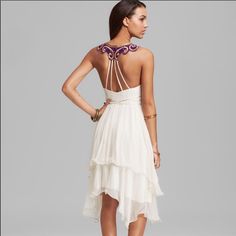 Free People Filigree Fantasy Dress, Size 2 Embroidered Ruffled Hem Crepe Halter Dress Color Ivory And Purple Embellished With Beads And Gold Details New With Tags - Never Worn Very Flattering Dress - Limited Edition White Bohemian Embroidered Party Dress, Chic White Sleeveless Embroidered Dress, Ruffled Dress, Fantasy Dress, Flattering Dresses, Color Ivory, Asymmetrical Dress, Free People Dress, Gold Details