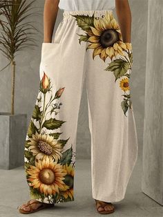 Women's Wide Leg Chinos Pants Trousers Sunflower Pocket Print Full Length Micro-elastic High Waist Active Fashion Street Daily Wear Pink Blue S M Spring 2024 - $26.99 Printed Wide Leg Pants, Pink Spring, Vintage Mode, Trouser Pants Women, Pantalon Large, Moda Vintage, Type Of Pants, Mode Vintage, Retro Prints