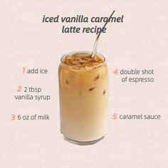 an iced vanilla caramel latte recipe in a tall glass with the ingredients labeled