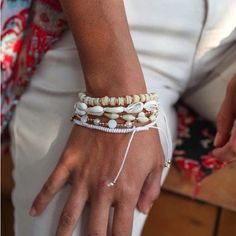 Stack Of 5 Bracelets - Sold As A Set! Shell And Glass With Cotton Rope. 100% Handmade In India. White Strand Bracelets For Vacation, White Strand Bracelet For Vacation, White Adjustable Bracelets For Vacation, Adjustable White Bracelets For Vacation, White Friendship Bracelets For Beach, White Round Bead Bracelets For Vacation, White Round Beads Bracelets For Vacation, White Round Beads Bracelet For Vacation, Adjustable White Strand Bracelet