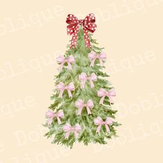 a watercolor christmas tree with pink bows and bow on it's top, against a beige background