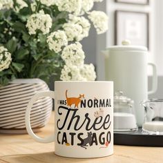 there is a coffee mug that says i was normal three catsago on the table