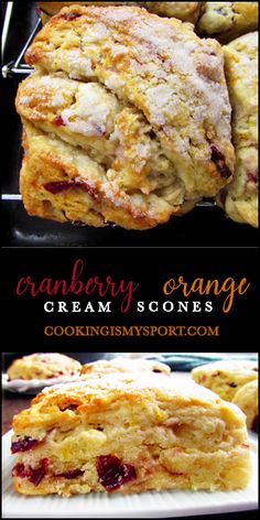 cranberry orange cream scones are stacked on top of each other and ready to be eaten