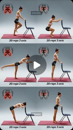 a woman doing exercises on a chair with her legs spread out to show how to do the splits