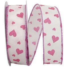 a pink and white ribbon with hearts printed on the side, one roll is half - yards long