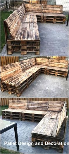 some wooden pallets are stacked on top of each other in different positions and sizes