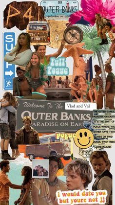 the collage has many different pictures and words on it, including an advertisement for outer banks