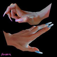 two hands with blue and white manicures holding each other's fingers, against a black background