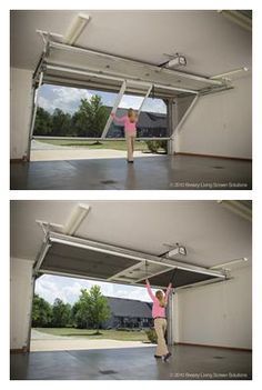 two pictures of a woman standing in front of a garage door with the doors open