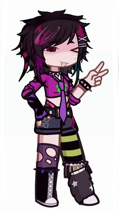 a drawing of a girl with black hair and purple shirt holding her hand up to the side