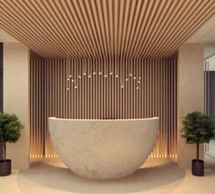 a large white bowl sitting in the middle of a room next to potted plants