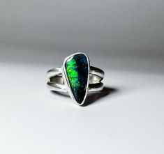 Sterling Silver Flashy green and blue Australian Boulder opal ring US 5 Unique Green Opal Ring, Green Opal Ring Gift, Green Opal Ring As A Gift, Green Opal Cabochon Ring, Boulder Opal Ring, Australian Boulder Opal, Boulder Opal, Opal Rings, Solitaire Ring