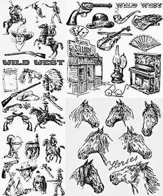 several drawings of horses and people