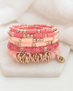 Miley Collection - Sherbet Bracelet | Kinsley Armelle® Official Beaded Stretch Bracelet Kinsley Armelle, Pink Heishi Bracelet, 2023 Bracelet Trends, Bracelet Storage Ideas, Pink Clay Bead Bracelet Ideas, Stretch Bracelets Ideas, Clay Beaded Bracelets, Heishi Jewelry