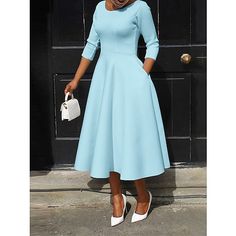 Season:Winter,Fall; Fabric:Polyester; Sleeve Length:3/4 Length Sleeve; Look After Me:Machine wash; Gender:Women's; Style:Streetwear,Elegant,A Line; Elasticity:Micro-elastic; Occasion:Date,Street,Daily; Fit Type:Slim; Dresses Type:Swing Dress,White Dress,Casual Dress,A Line Dress; Design:Pocket; Neckline:Crew Neck; Listing Date:11/24/2023; Bust:; Length:; Shoulder Width:; Sleeve:; Waist:; Fit US Size:; Fit UK Size:; Fit EU Size:; Dress Length Type:Midi Dress; Print Type:non-printing Fitted Dress With Pockets And 3/4 Sleeves, Fitted Dress With 3/4 Sleeves For Winter, Solid Color 3/4 Length Fall Dress, Fall Solid Color 3/4 Length Dresses, Fall Solid 3/4 Length Dresses, Casual Winter Dress With 3/4 Sleeves, White Dress Midi, Elegant Streetwear, Casual White Dress