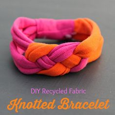 an orange and pink braided fabric bracelet with the words diy recycled fabric on it