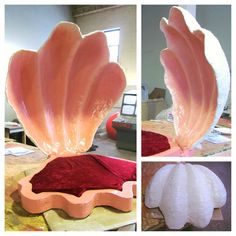 three different views of an art object with pink and white petals on it's sides