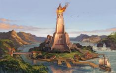 a painting of a lighthouse on an island