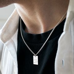 A minimal men's rectangle pendant necklace, make it meaningful with up to three lines of personalisation. The sterling silver pendant is hand stamped with up to 6 characters per line, perfect for children's names and special dates. Individually handmade in our studio and presented in a bespoke Minetta box, ready for gift giving. Choose your chain style; 'minimal' or 'bold'. - 'Minimal' chain: 1.6mm trace chain - 'Bold' chain: 2mm curb chain ▶︎ Personalised options: When placing an order, please Everyday Rectangular Necklace With Engraving Option, Hand Stamped Sterling Silver Rectangular Necklaces, Modern Personalized Rectangular Necklaces, Hand Stamped Rectangular Sterling Silver Necklaces, Hand Stamped Sterling Silver Rectangular Necklace, Everyday Hand Stamped Rectangular Necklace, Everyday Rectangular Hand Stamped Necklace, Minimalist Rectangular Necklace With Engraving Option, Rectangular Tag Jewelry For Gifts