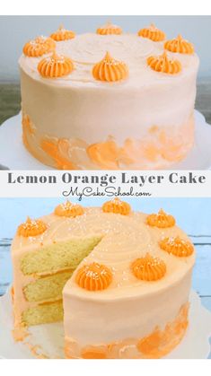 two pictures of a lemon orange layer cake