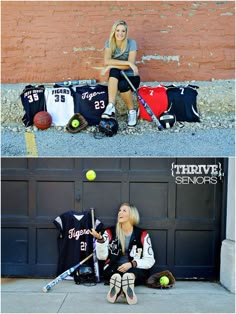 two photos of a woman sitting on the side of a garage door with her baseball bat and ball