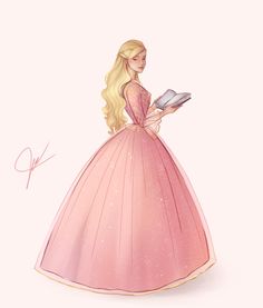 a drawing of a woman in a pink dress holding a book and looking at it