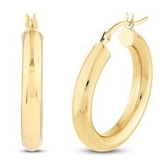 Elegant and essential, these chunky women's hollow round tube hoop earrings compliment any look, at any time of year. Crafted in 14K yellow gold, the hoop earrings secure in place with hinged backs. Tube Hoop Earrings, Jared The Galleria Of Jewelry, Hoop Earrings, Yellow Gold, Yellow, Gold